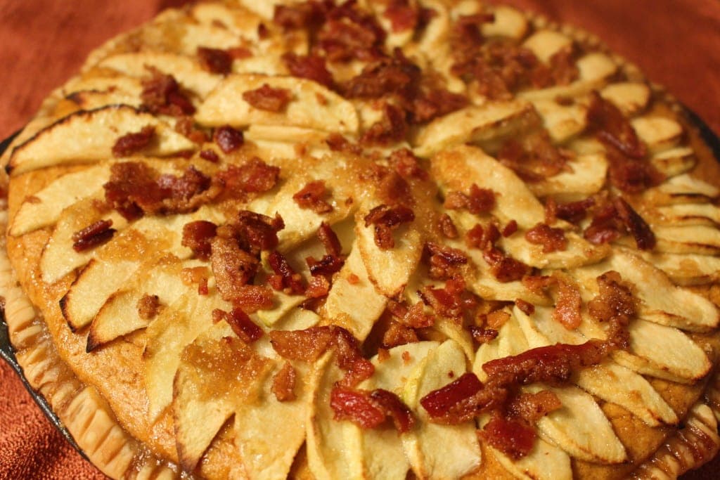 Sweet Potato Apple Pie topped with BACON! Yum! This pie recipe is not only easy to make, it tastes delicious and is beautiful too! Top your slice with a dollop of whipped cream and you will enjoy a slice of heaven on a plate! -thesaltedpepper.com
