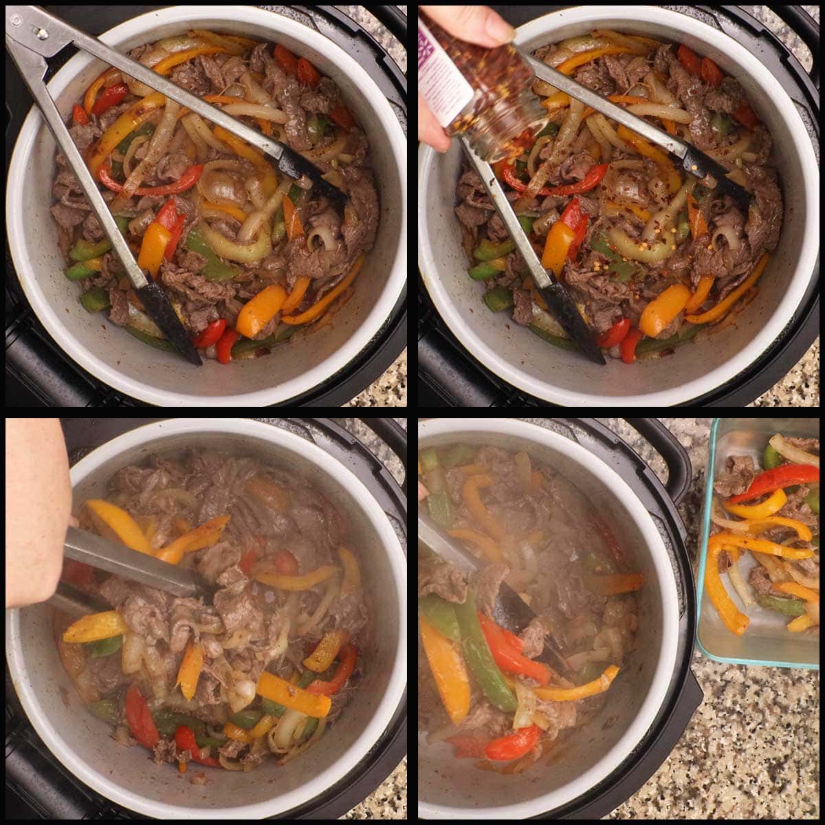 Mixing the peppers with the meat and warming through