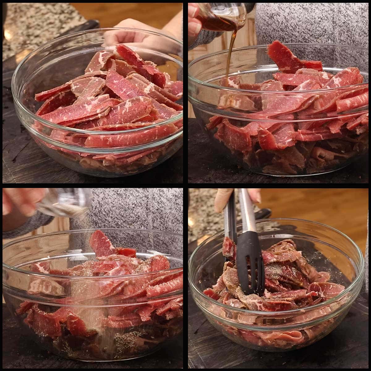 seasoning the beef strips in a glass bowl with sesame oil salt and pepper