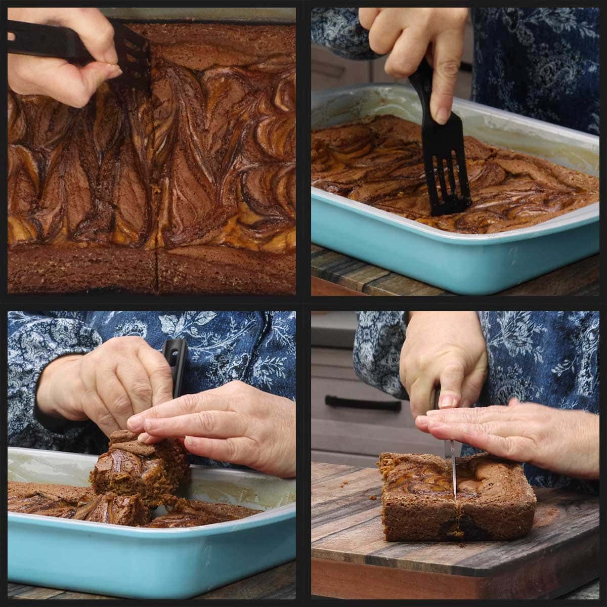 cutting brownies and removing them from the pan.