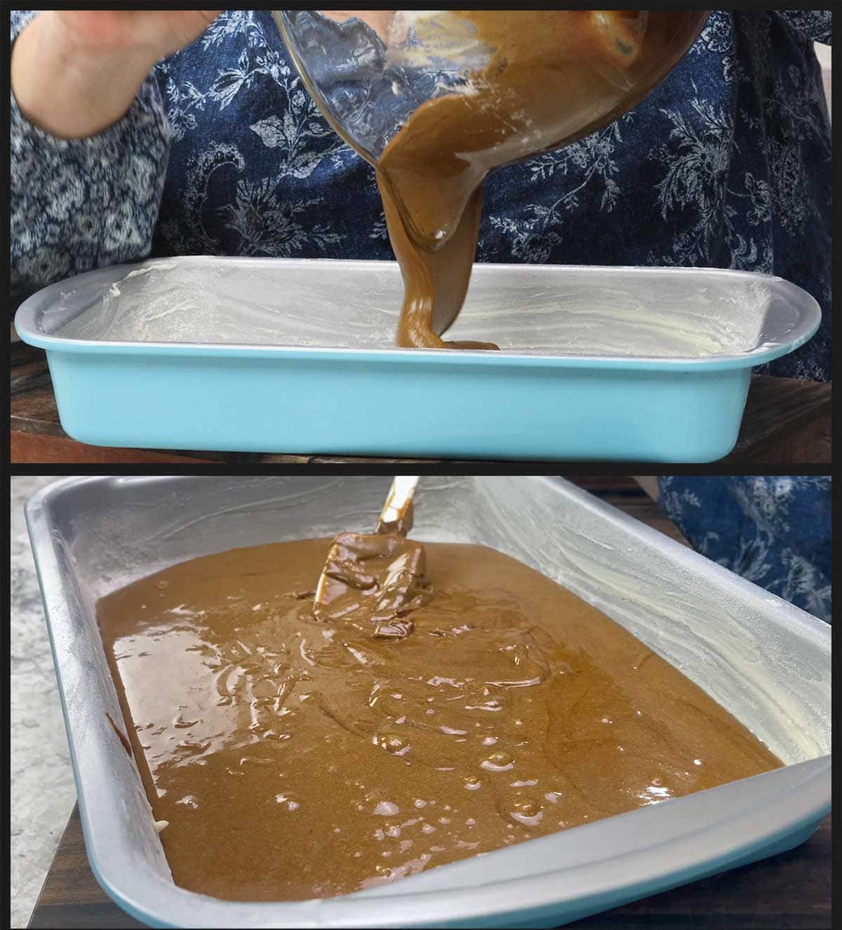 pouring gingerbread brownie batter into prepared pan for baking.