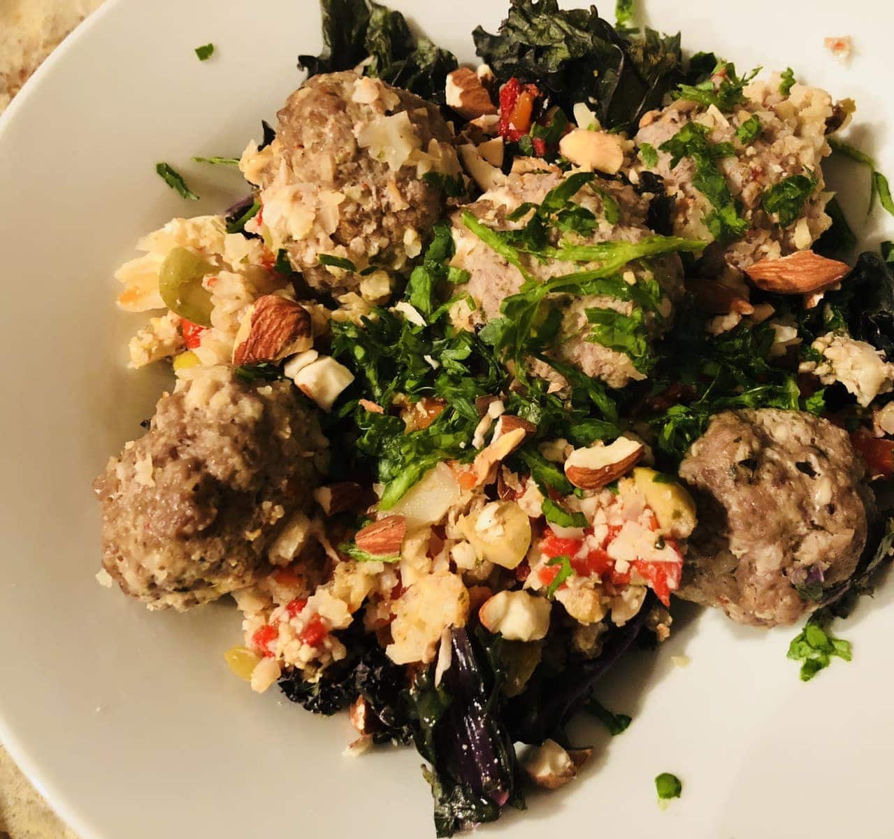 Greek Meatballs & Kale with Olive and Pepper Cauliflower Rice