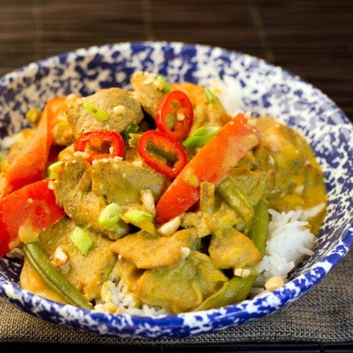 Thai Curry Chicken in a blue and white bowl