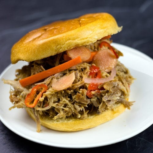 Asian Pulled Pork on a bun with pickled vegetables