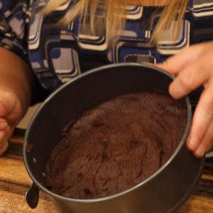 Brownie Batter in pan for Turtle Cheesecake Recipe