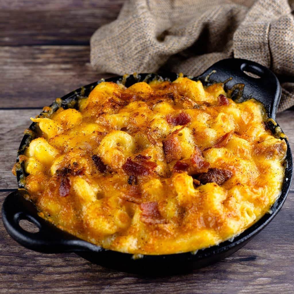 Bacon mac and cheese in a cast iron pan