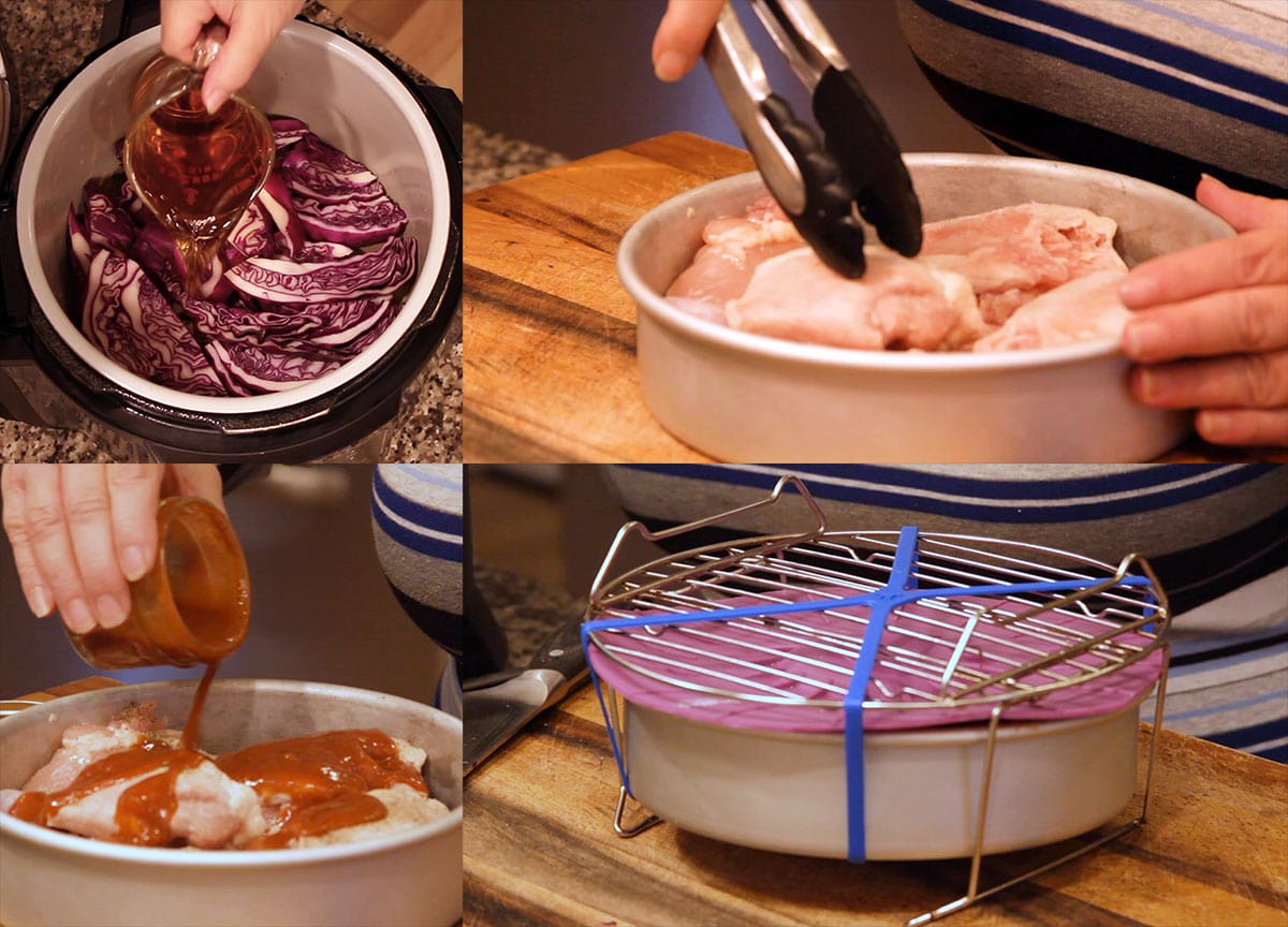 Collage of pictures showing steps for making bbq chicken dinner
