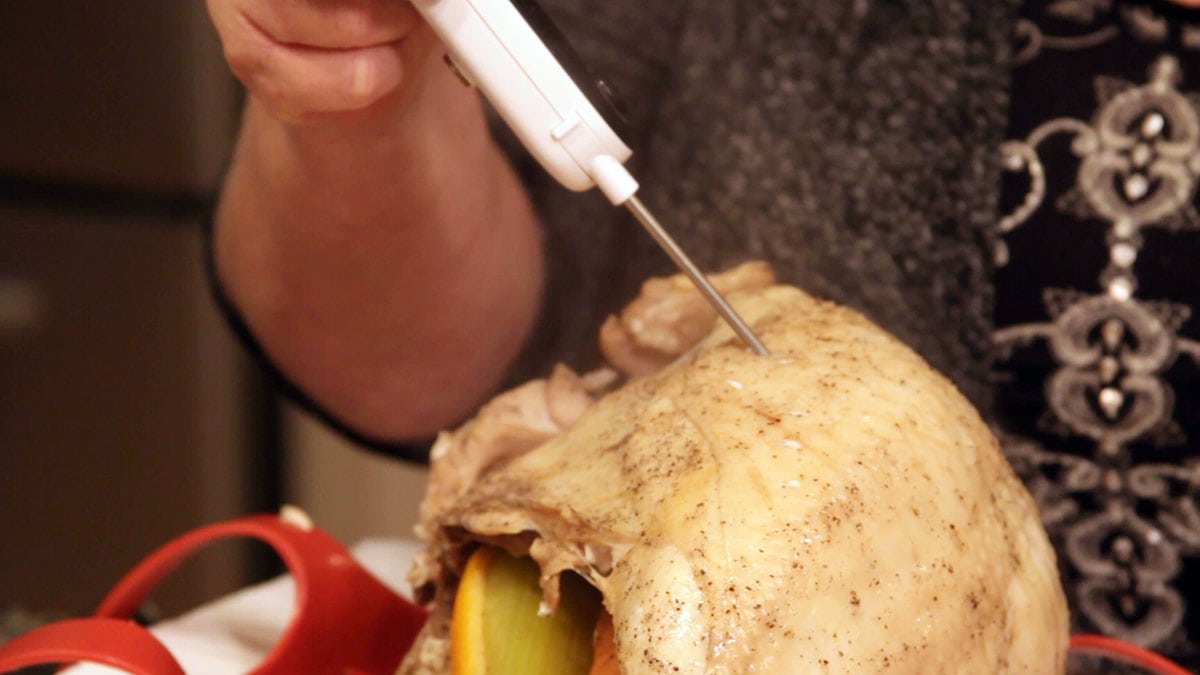 taking a temperature of the turkey breast in a thick part of the breast