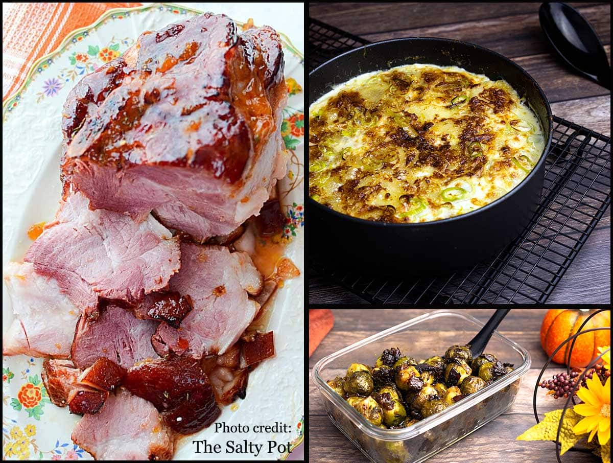collage of pictures with peach glazed ham, scalloped potatoes, and candied brussels sprouts