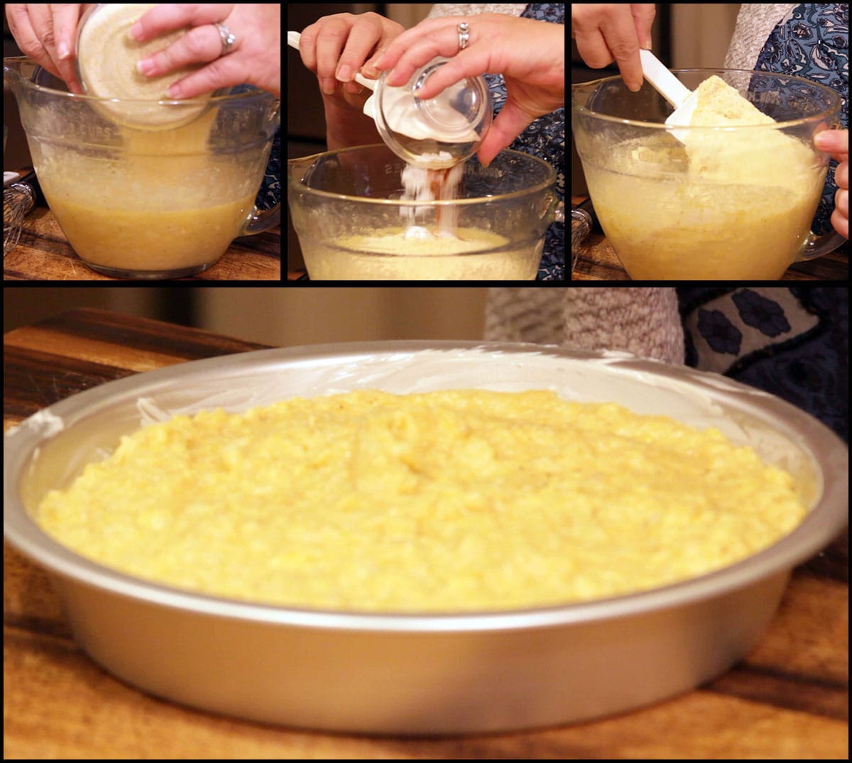 adding dry ingredients and pouring into pie dish