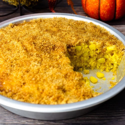 Corn pudding in a pie pan
