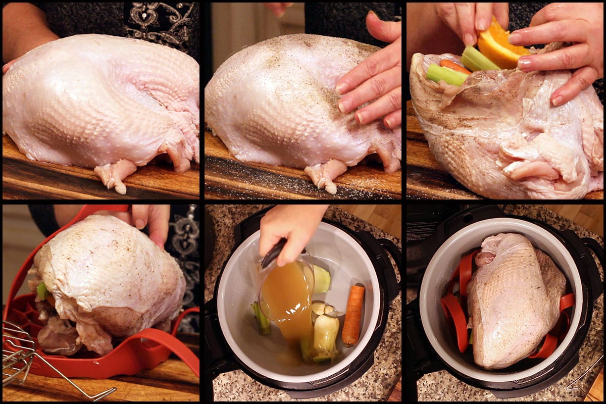 graphic showing steps for seasoning and putting turkey breast in the inner pot of the ninja foodi