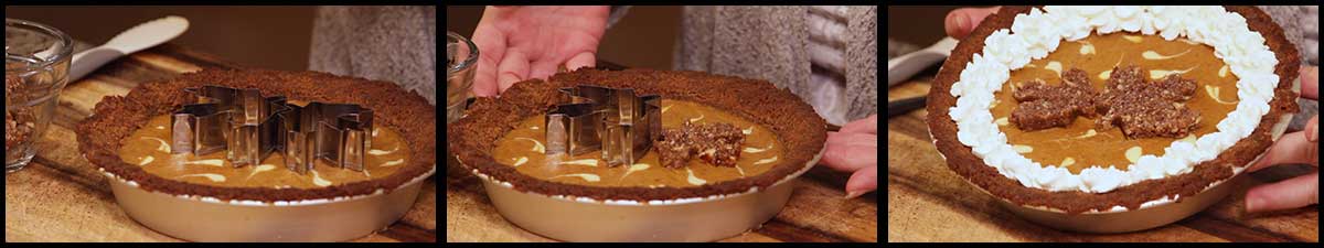putting the praline decorations on the top of the pie