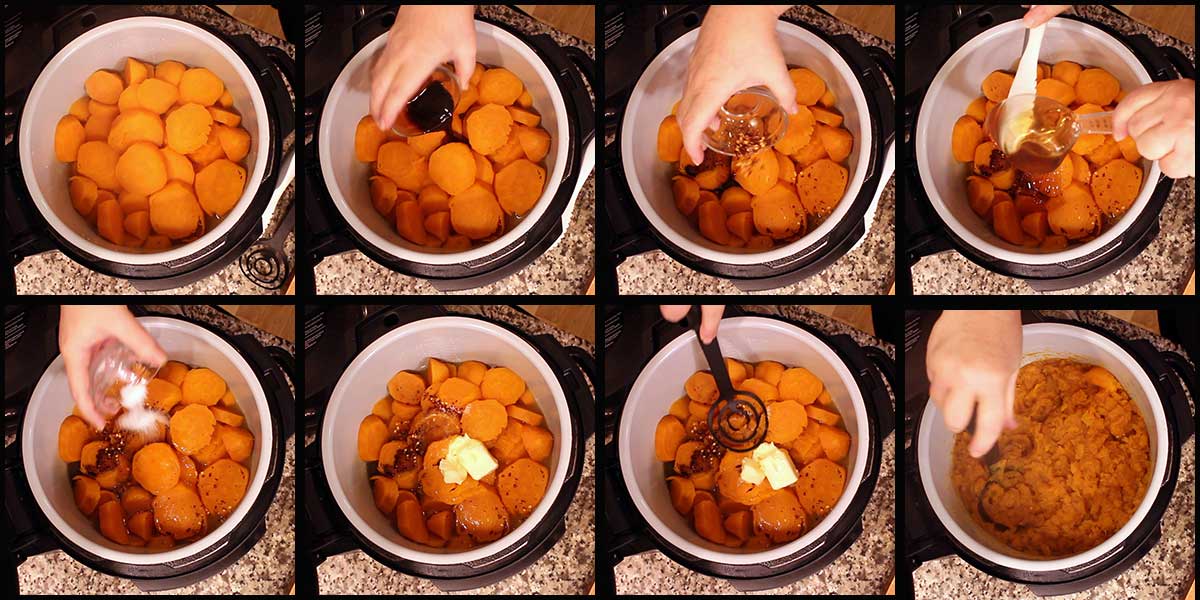 adding ingredients and mashing sweet potatoes