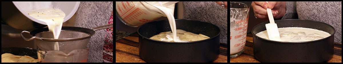 straining and pouring cream over potatoes