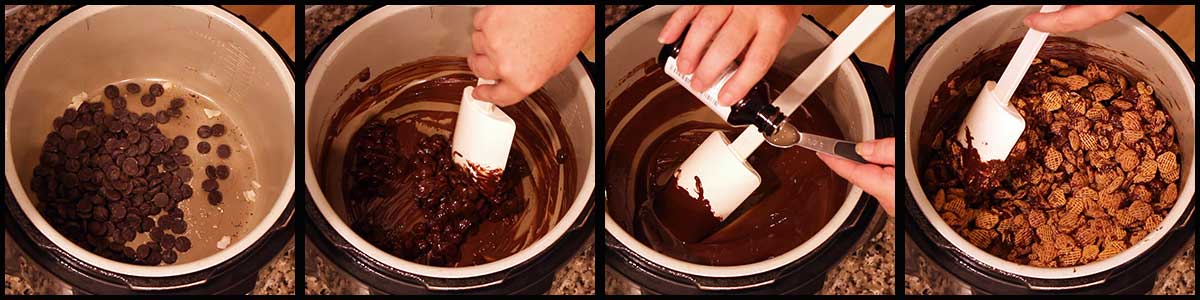 Melting chocolate and mixing in cereal for cereal snack mix