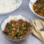 Hoppin John with rice in a glass bowl