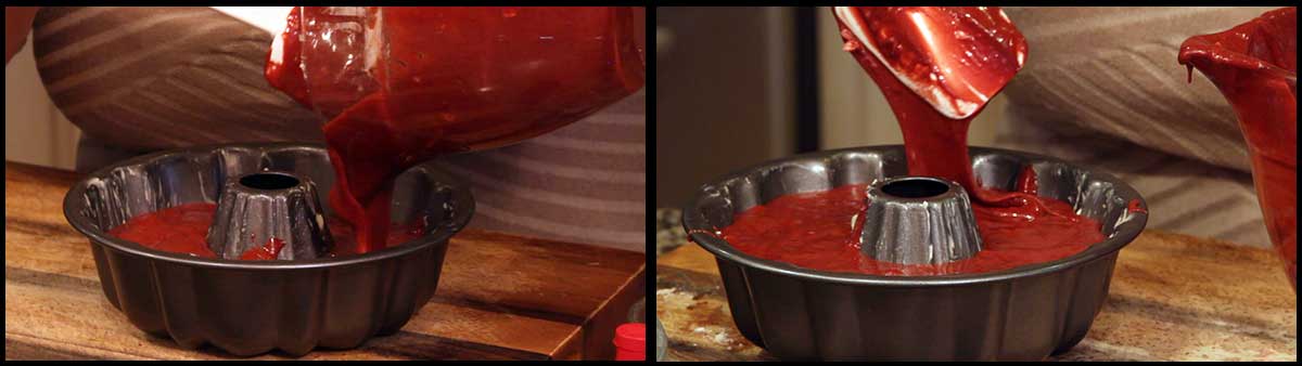 pouring batter into bundt pan