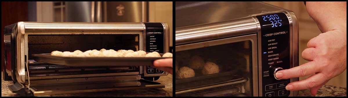 putting the pecan balls into the oven and selecting the time and temp