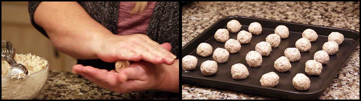 rolling pecan balls and placing them on the sheet pan