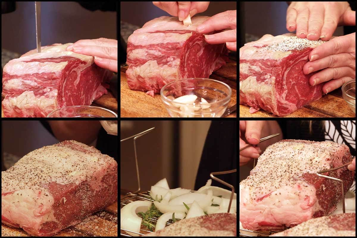 showing the steps for seasoning a prime rib with garlic, rosemary, salt and pepper