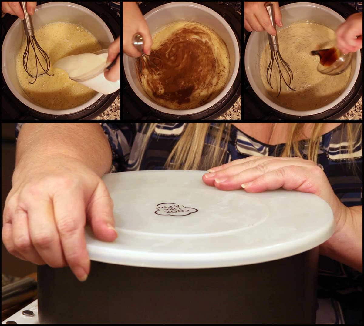 Final steps in making homemade eggnog and showing the inner pot covered with the silicone lid