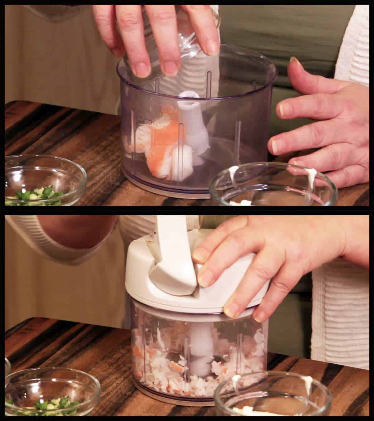 using a manual food processor to chop imitation crab meat for crab rangoon.