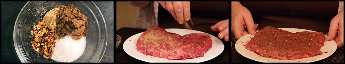 rubbing the steak with seasoning blend for Asian Steak