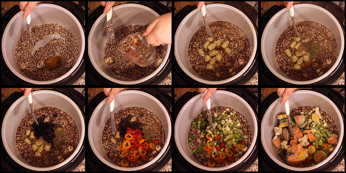 adding ingredients to the inner pot