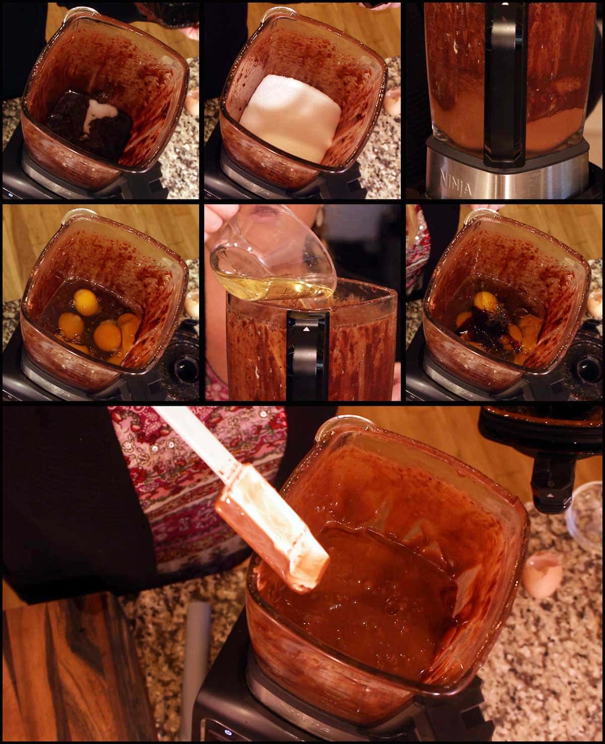 adding wet ingredients to blender for brownies