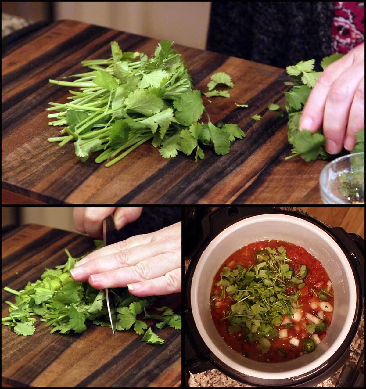 Chopping and adding cilantro to the pot