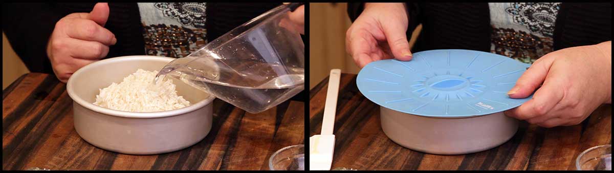 adding water to rice and covering with a silicone cover