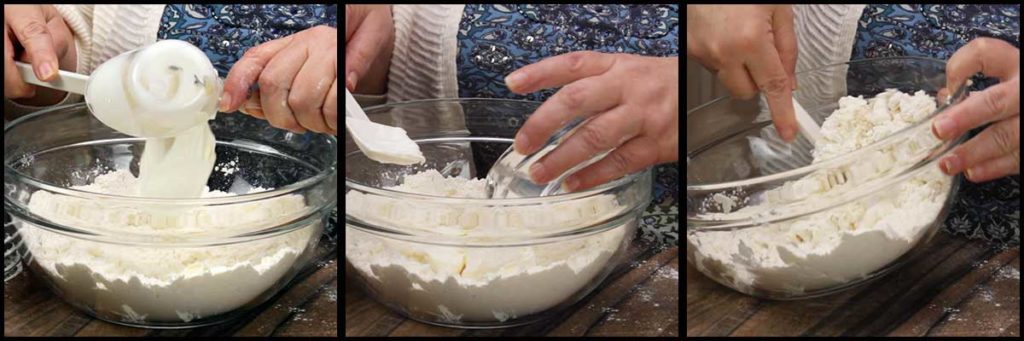 Mixing in the sour cream and water to form the dough