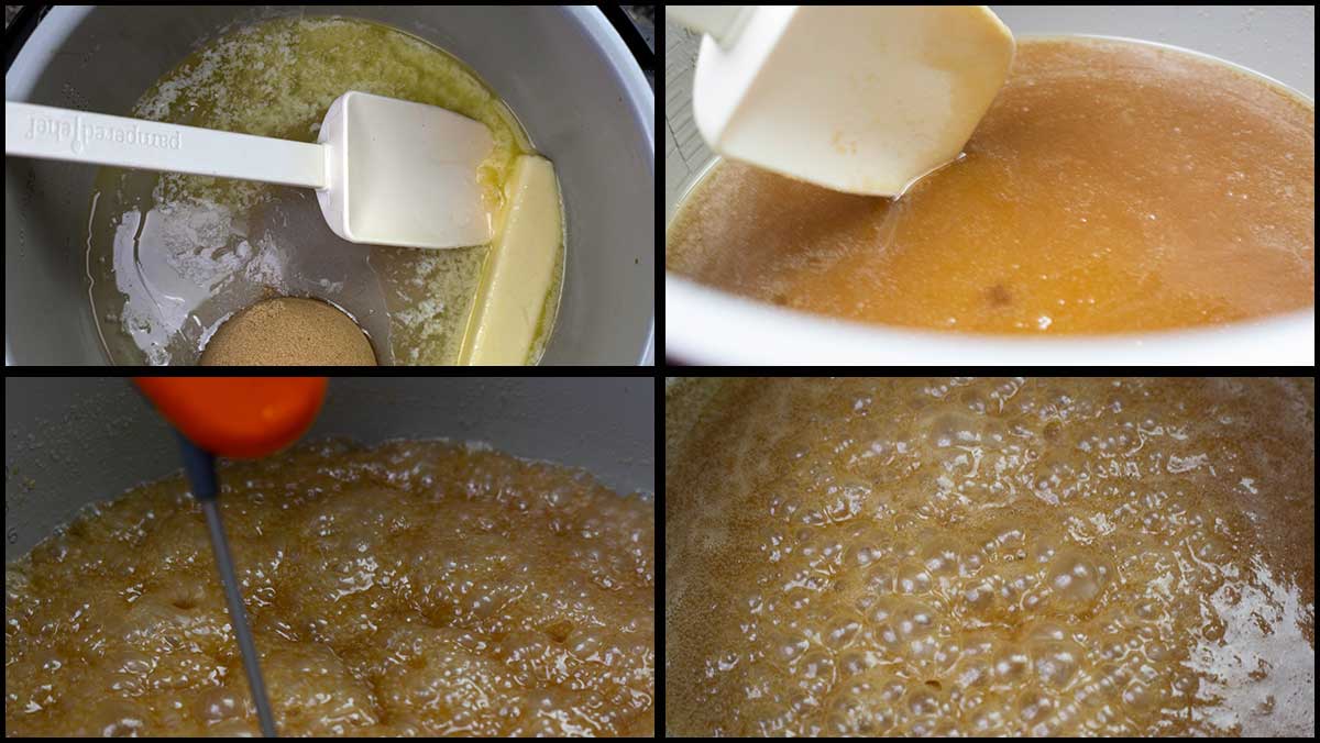 collage showing the sugar and butter mixture being cooked for caramel