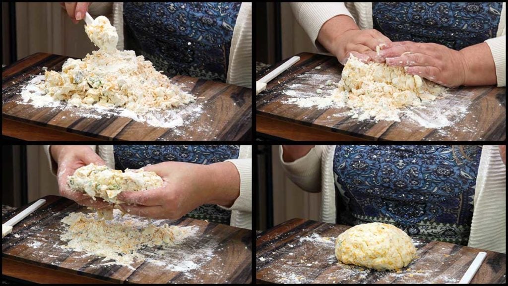 pictures showing kneading the dough to incorporate loose flour