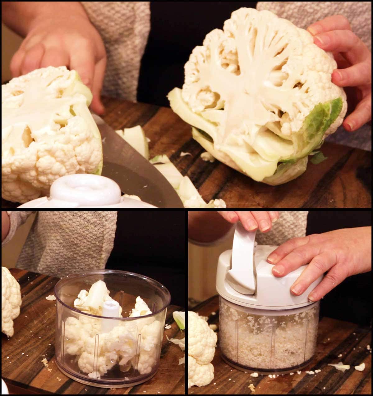 processing cauliflower into cauliflower rice