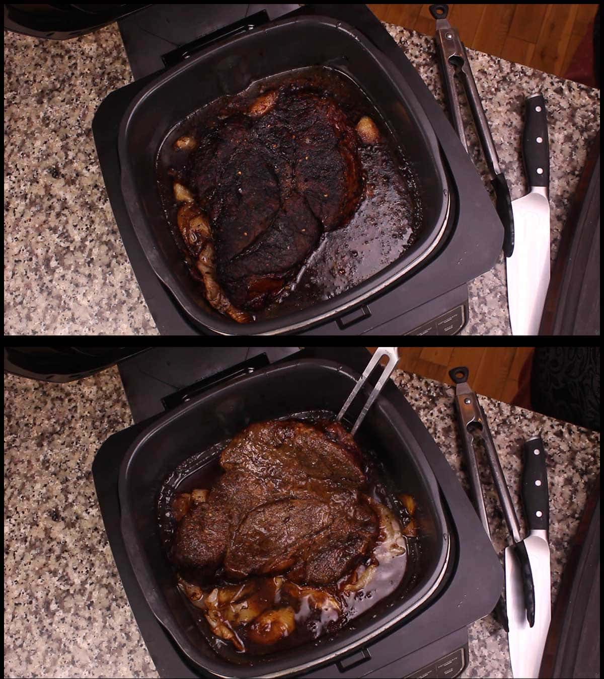 Flipping the roast after cooking for about 2 hours