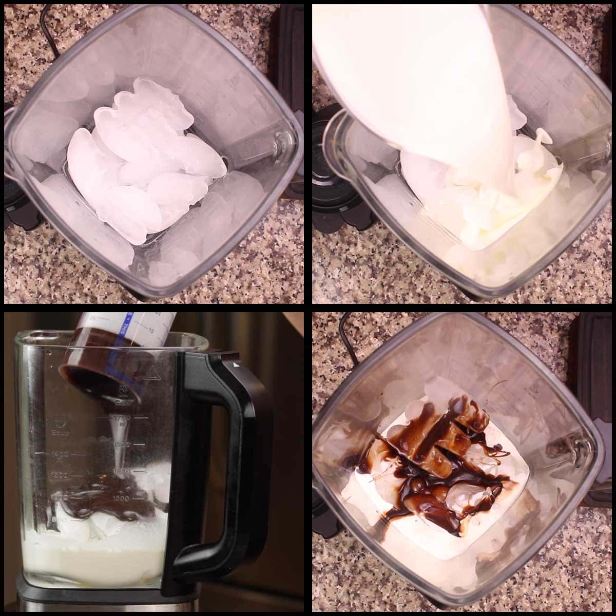 adding ingredients to blender for chocolate frosty