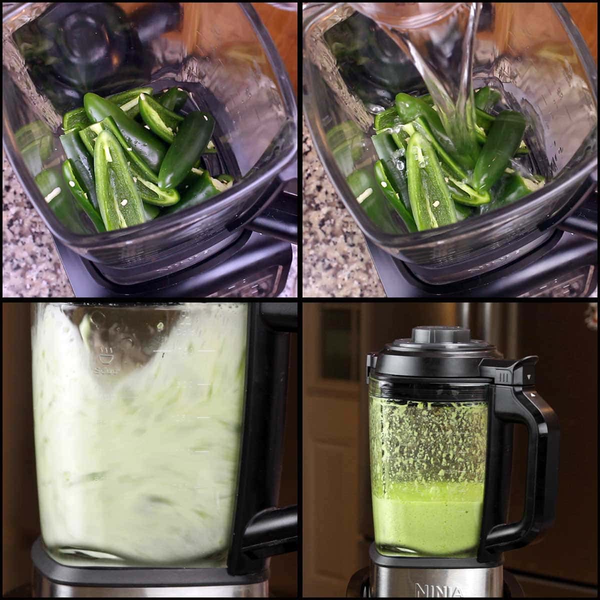 adding the vinegar and peppers to the blender and blending for jalapeno pepper jelly