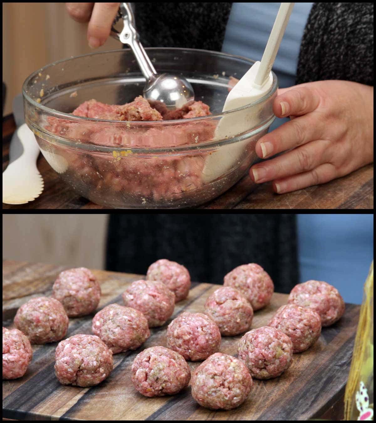 Forming the meatballs and placing them on a cutting board
