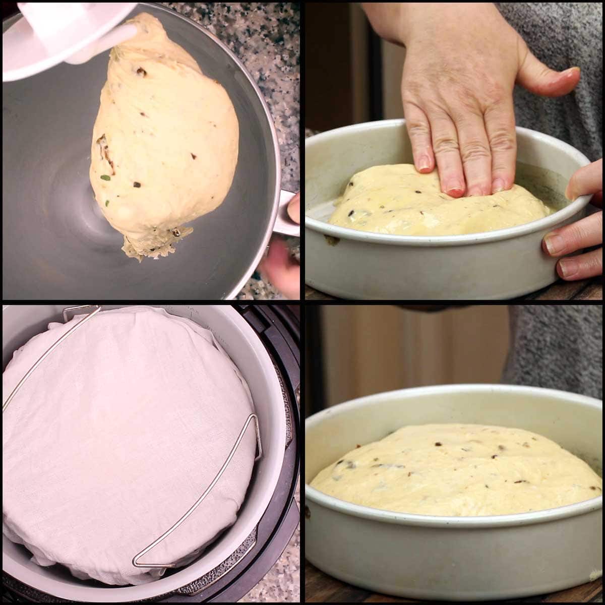 putting dough into pan, covering, and proofing in the Ninja Foodi