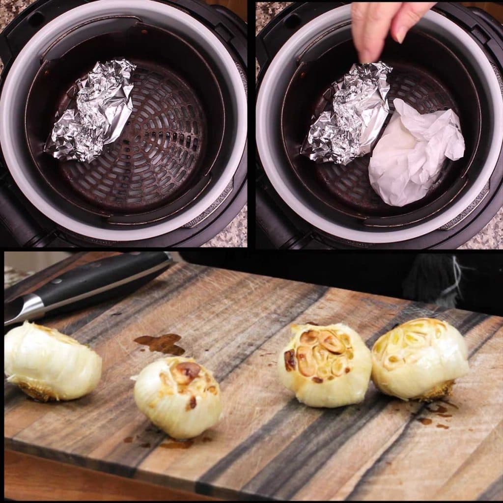 putting the pouches of garlic in the foodi and th en showing the roasted garlic after baking