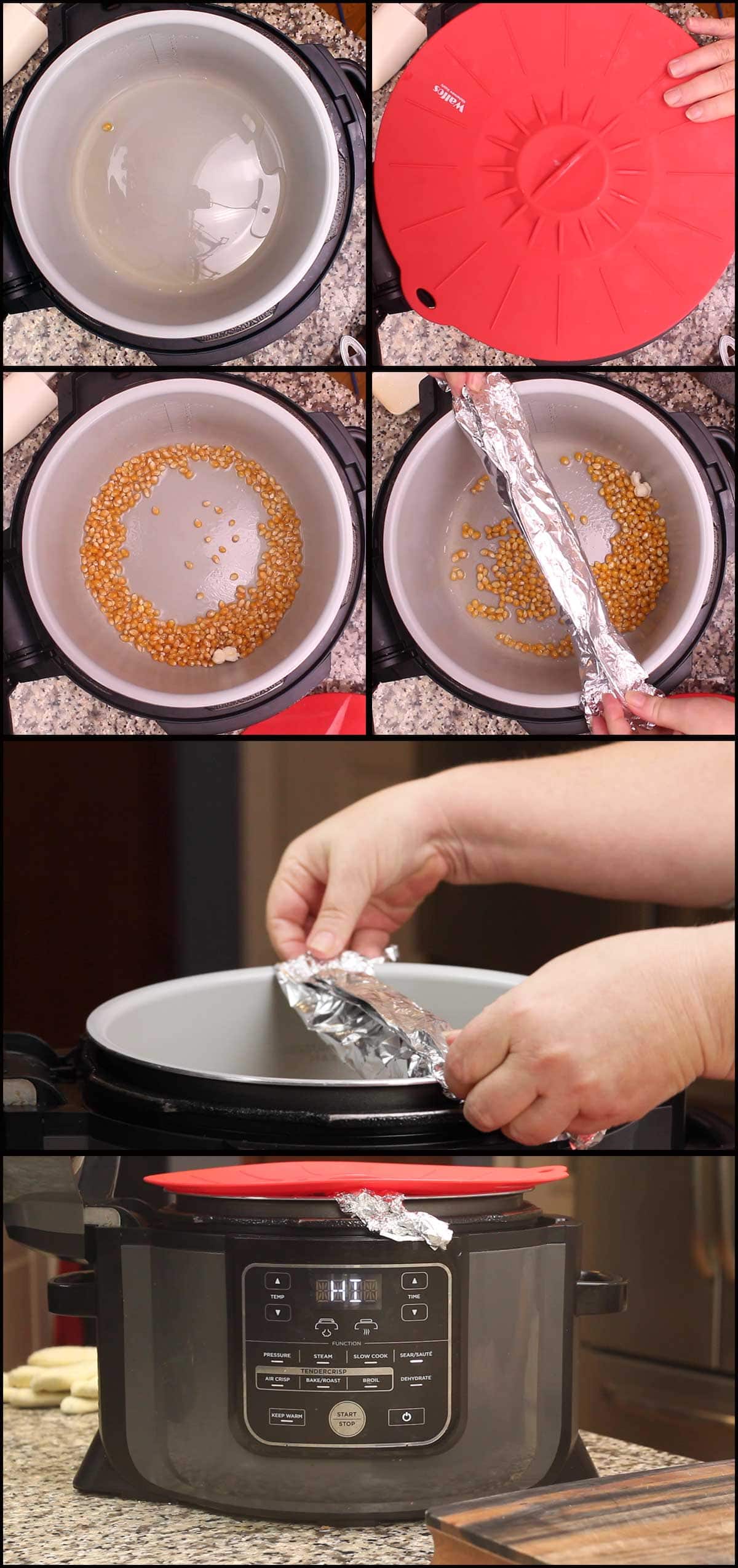 putting the popcorn in the inner pot and securing the foil pouch over the top and covering with silicone lid