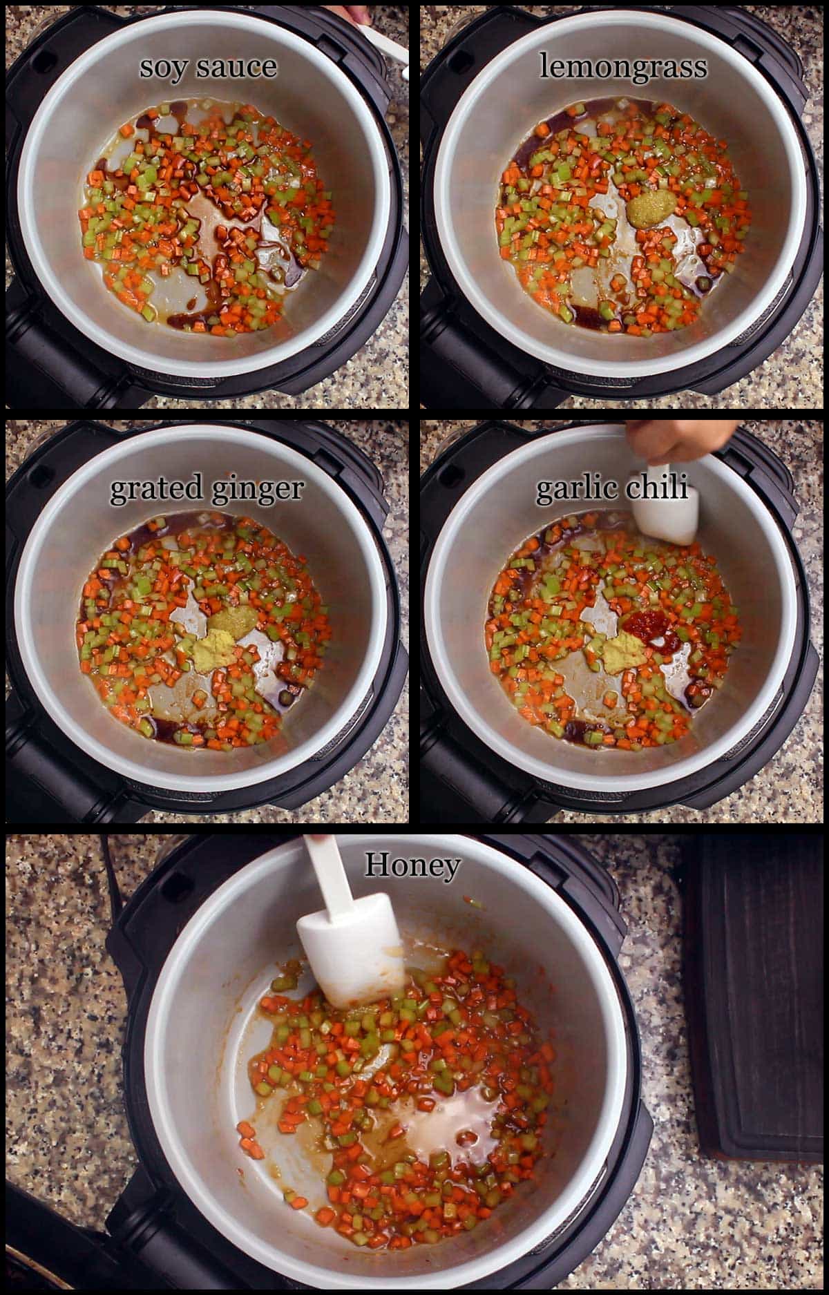 adding sauce ingredients for cauliflower fried rice
