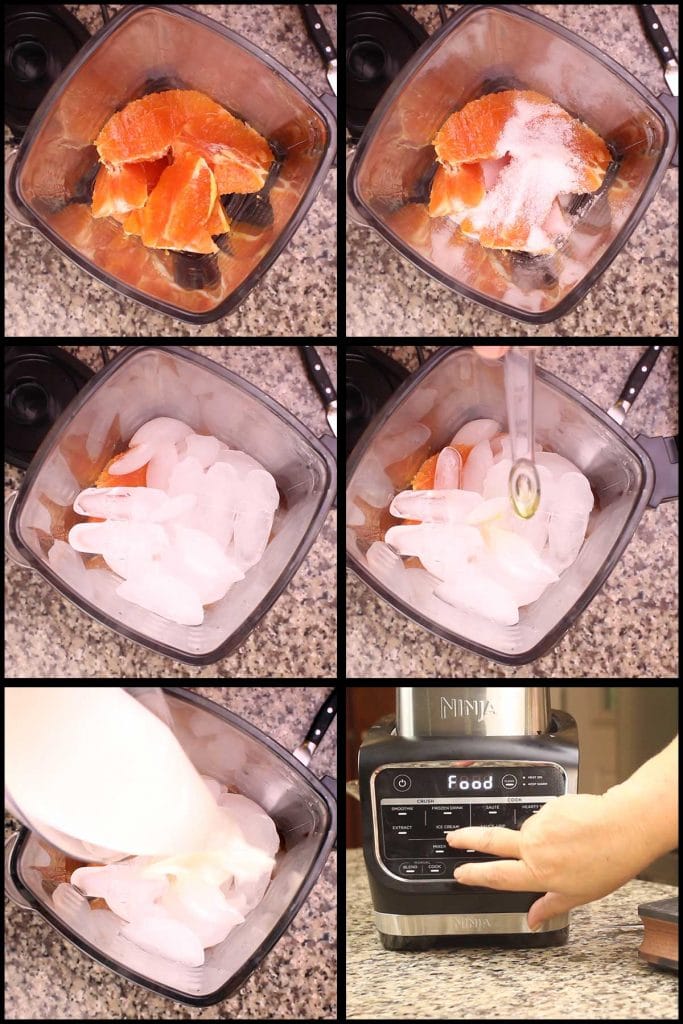 Los ingredientes para el batido de naranja van a la batidora