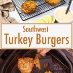 Southwest Turkey Burgers on a cooling rack next to a salad with a dressing and sliced lime