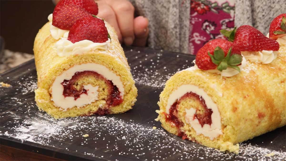 Strawberry Roll Cake cut in half
