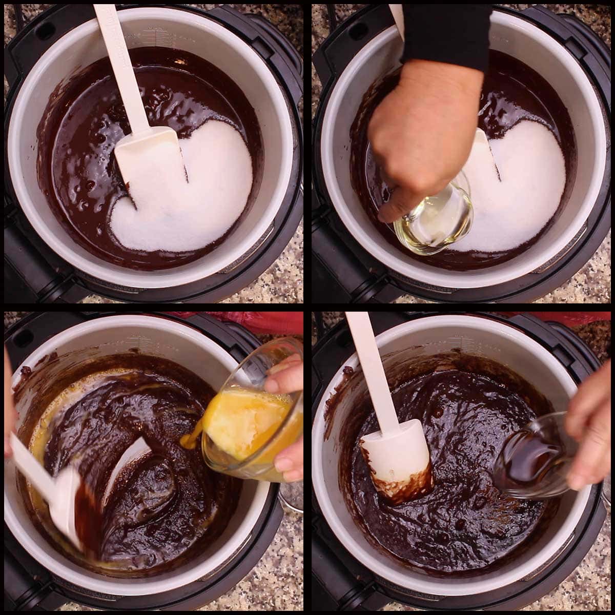 adding ingredients to the inner pot and stirring