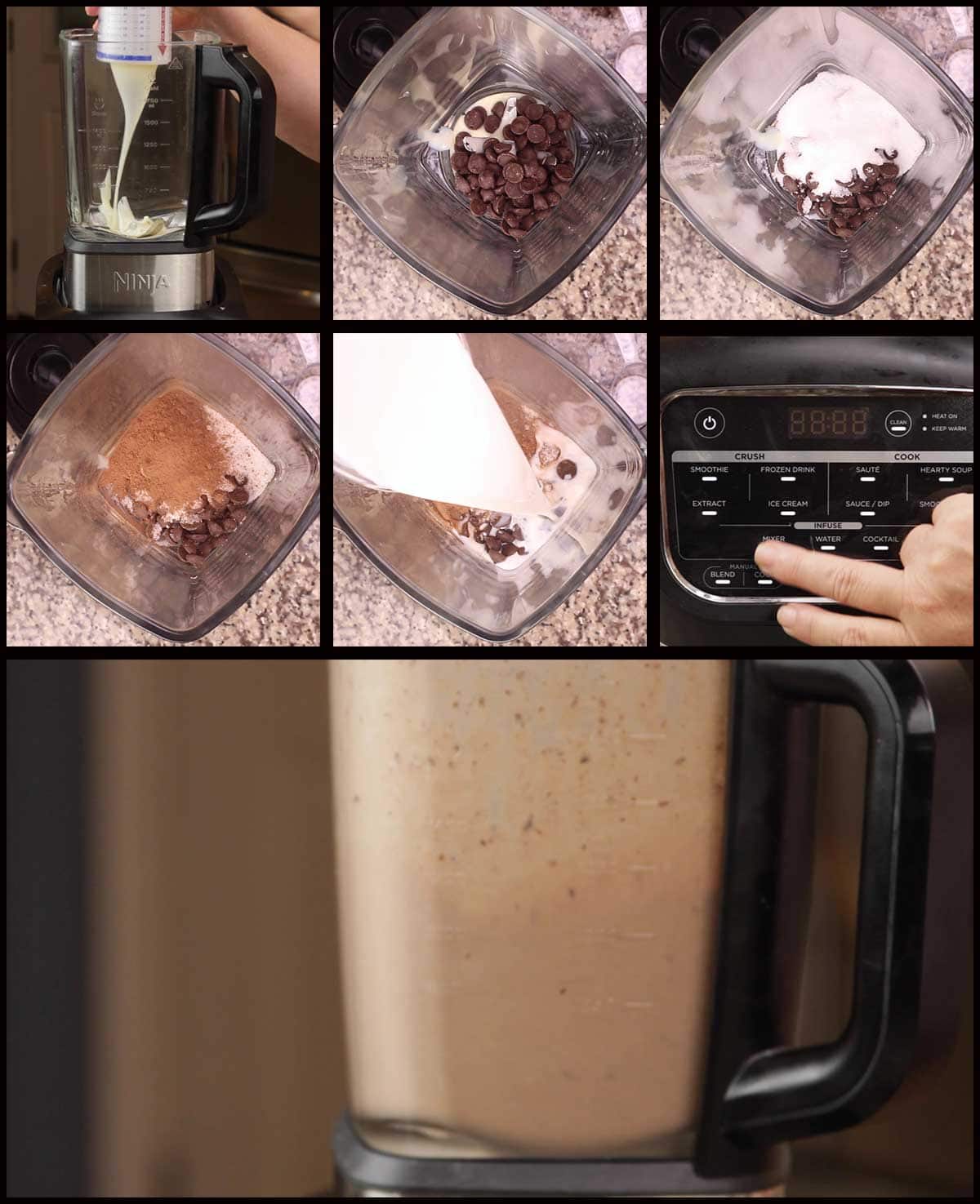 adding the ingredients to the ninja foodi blender for chocolate ice cream and selecting the mixer function