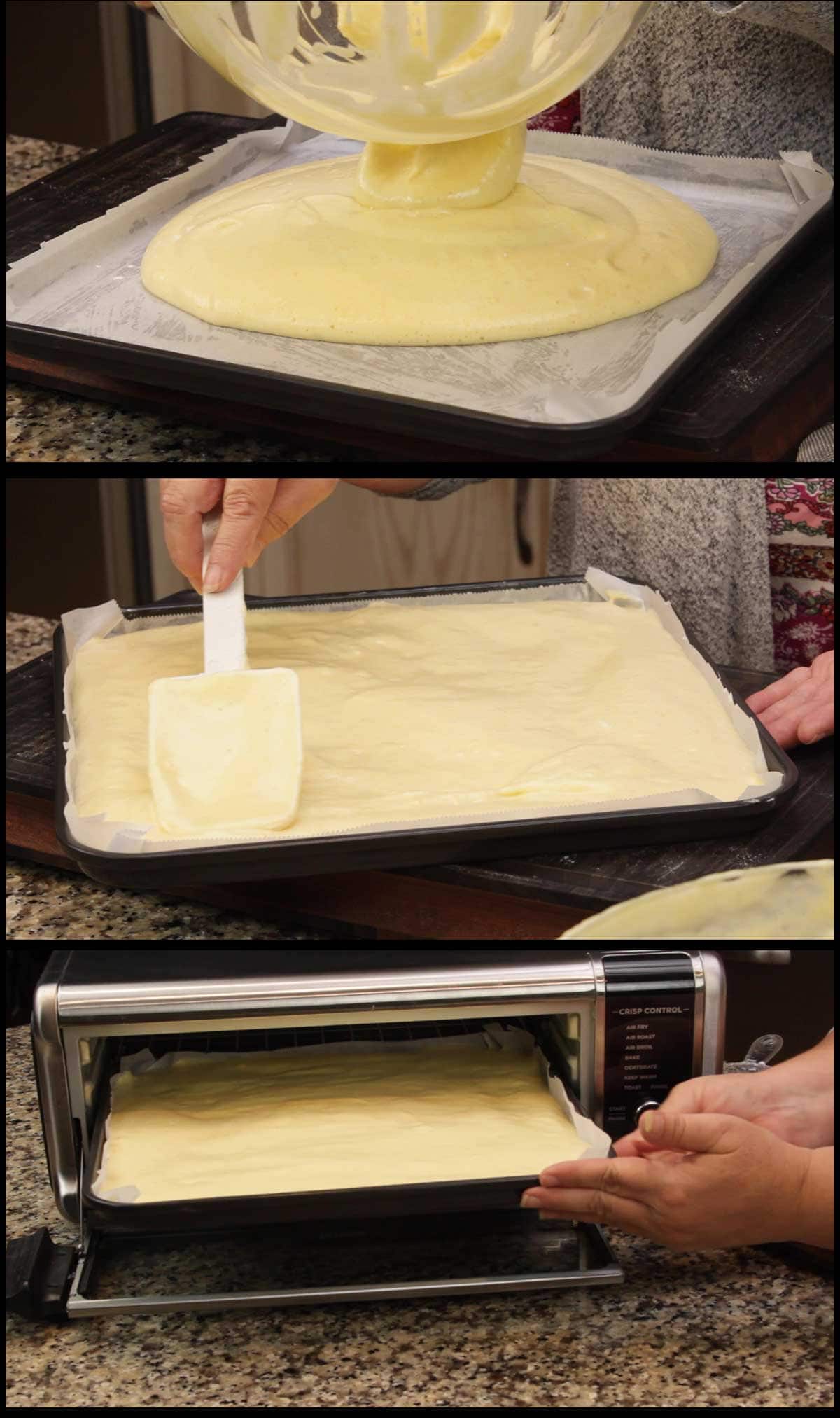 pouring the batter onto the parchment lined pan
